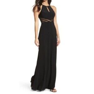 XSCAPE ILLUSIONS WAIST (Mesh) JERSEY HALTER BLACK GOWN DRESS Slit From Knee 10P